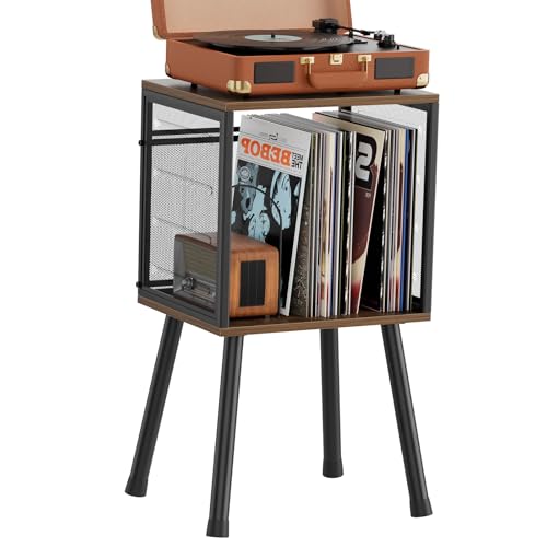 Simple Trending Record Player Stand, Storage up to 100 Albums, Vinyl Record Holder with Storage Shelf, Adjustable Divider, Rustic Brown
