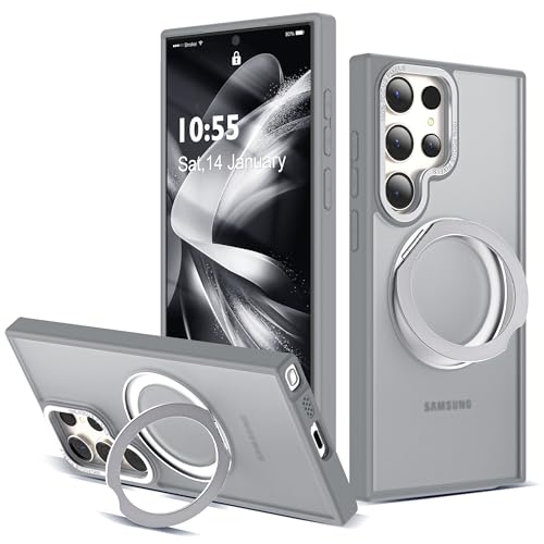 Image of Compatible with Samsung Galaxy S22 & S23 Ultra Case with 360Rotatable Magnetic Ring Stand Compatible with Mag-Safe Military Protection Shockproof Translucent Phone Case,Gray
