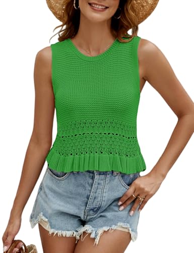 Image of CiCiBird Women Cute Crop Sweaters Vest Knit Sleeveless Pullover Tops Crochet Ruffle Hem Tank