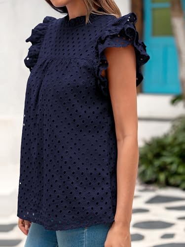 BTFBM Casual Summer Tops for Women 2025 Short Ruffle Sleeves Shirts Crew Neck Hollow Out Lace Embroidered Blouses