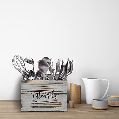 LADESIGGN Wood Utensil Holder for Countertop, Farmhouse Kitchen Decor for Flatware, Utensil Caddy with 2 Compartments, Rustic Utensil Organizer for Kitchen, Rustic Brown - Image 5