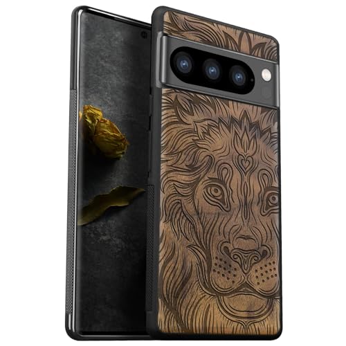 Custodia Compatibile con Google Pixel 8 Pro Case Antiurto con Protezione in Legno Cover per 8 Pro Paraurti Robusto TPU Noce-Leone in stile azteco