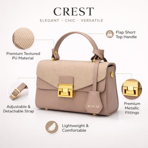 Image of KUNCHI CREST Women's Structured Handbag with Sling Strap | Premium Textured Flap Bag | Elegant Designer Purse for Party, Wedding & Office