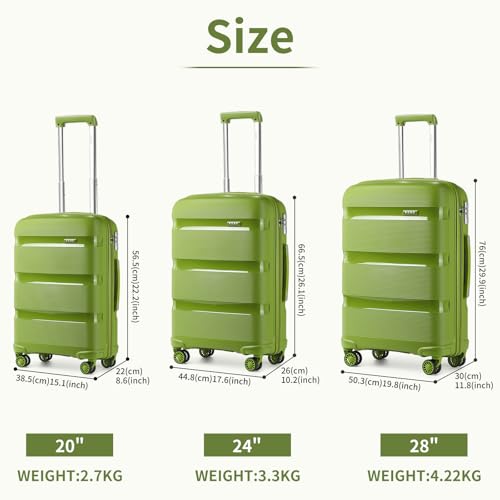 Image of Kono Luggage Set Hard Shell Travel Trolley with 4 Spinner Wheels TSA Combination Lock Lightweight Polypropylene Suitcase, Green, 20 inch /24 inch /28 inch, Luggage Set