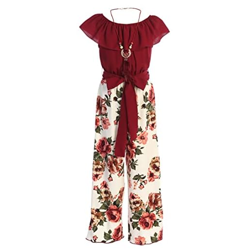 Big Girls Sleeveless Off Shoulder Jumpsuit Solid Floral Winter Romper Jumpsuit Burgundy 12 (2J1KS91)