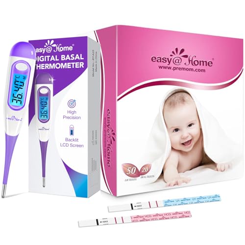 Easy@Home Kit: 50 strisce per test di ovulazione, 20 test di gravidanza e termometro basale digitale. Precisione di 1/100°C, retroilluminazione e sincronizzazione con l'app Premom per una pianificazio
