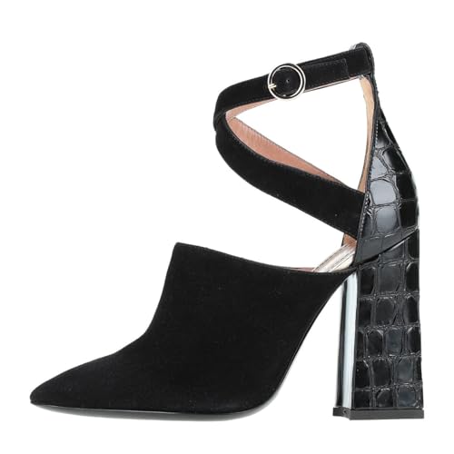 FOWT Women Pointed Toe Strappy Pumps Hollow Cut Chunky Block High Heels Cross Straps Sexy Dance Party Shoes Size 4-16 US4