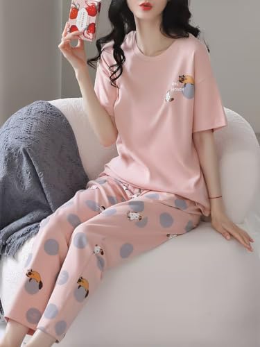 Image of Celary Korean Women's Pyjama Set|Half Sleeve T-Shirt & Printed Pyjama Set for Women|Size:- M to 4XL|Soft Cotton Blend Comfortable Night Suit for Women