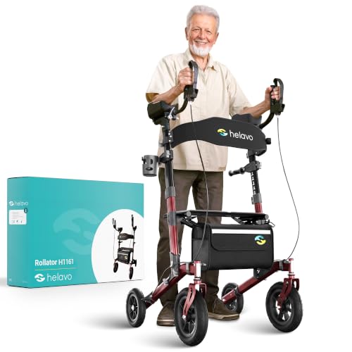 Image of Helavo Upright Walker with Seat, Foldable Stand Up Walker with Rubber Tires