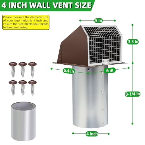 Image of 4 Inch Dryer Vent Cover Outside Hooded Wall Vent with Screen and Damper, Exhaust Vent Wall Mount Exterior Wall Vents Cover Cap for Dryer Ventilation&Outdoor Air Exhaust,Galvanized Steel,Brown