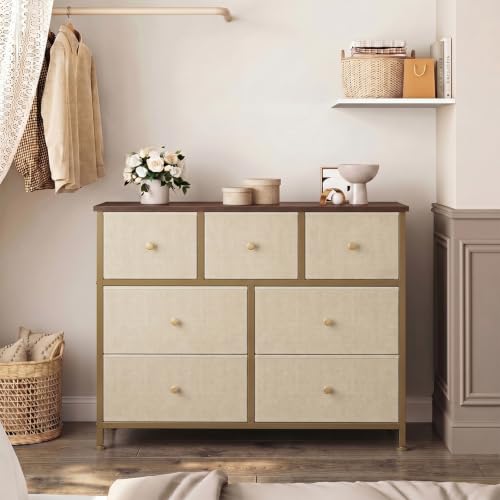 Image of OLIXIS 7 Drawer Dresser for Bedroom, Tall Fabric Storage Tower with Sturdy Steel Frame and Wooden Top, Large Dresser for Living Room Entryway with Easy Pull Fabric Bins,Khaki