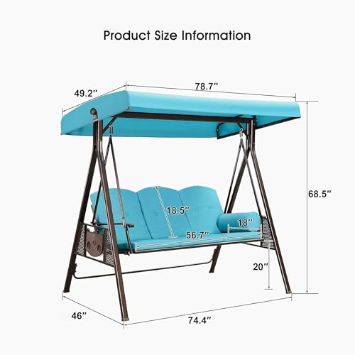 Image of PURPLE LEAF 3-Seat Deluxe Outdoor Patio Porch Swing with Weather Resistant Steel Frame, Adjustable Tilt Canopy, Cushions and Pillow Included, Turquoise Blue