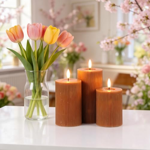 Image of Battery Operated Flameless Candles with 6 Hour Timer 3 Pack Real Wax Vertical Stripe 3D Wick Flickering LED Pillar Candles Dinner Wedding Christmas Holiday Decor(Brown, 3 inch D x 5 inch, 6 inch, 7 inch H)