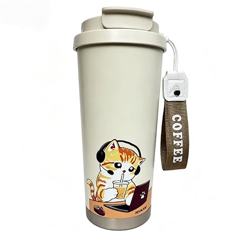 Nivajuli Insulated Coffee Mug with Ceramic Coating, 16oz Iced Coffee Tumbler Cup with Flip Lid and Handle, Double Wall Vacuum Leak-Proof Travel Mug for Office School Party Camping