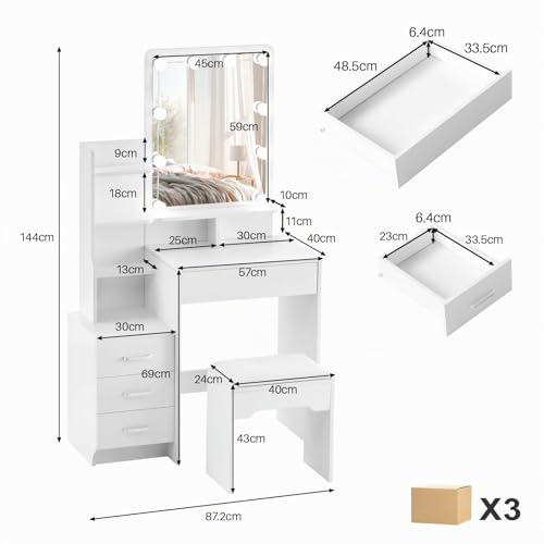 TUKAILAI Schminktisch mit LED Beleuchtung und Hocker, Frisiertisch mit Spiegel LED, 4 Schubladen 6 Offenen...