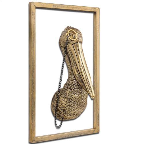 Vintage Gold Resin Animal Heads Wall Decor(Pelican Gift Metal Frame)- Exquisite Wall Hanging Sculptures for Living Room Bedroom Office - Handmade Home Art Decor