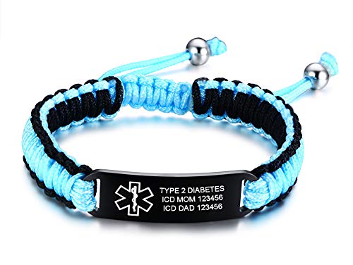 MPRAINBOW Free Custom Engraving Stainless Steel Sports ID Bracelet Medical Alert Braided Adustable Bracelet Waterproof Diabetic Bracelet for Men Women