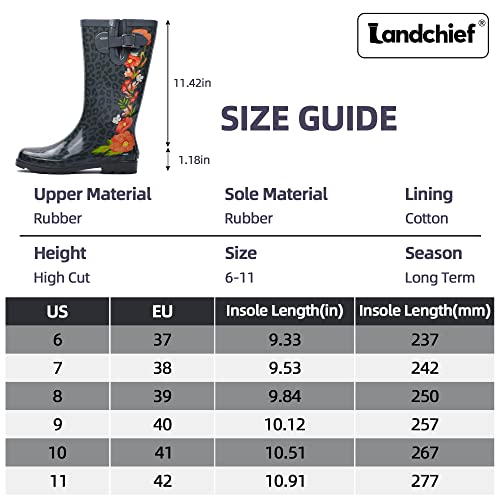 Landchief Rain Boots For Women, Ladies Tall Waterproof Rubber Boots For Garden, Size 11, Red Flowers #TOP6