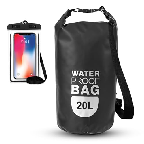 HTRTRR Bolsa impermeable con bolsillo impermeable para teléfono móvil, 10L/20L opcional, con hombro ajustable, para kayak, rafting, canoa, camping, viajes, natación, Negro , 20L