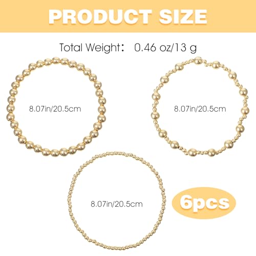 6Pcs Stackable Stretch Bracelets for Women, Adjustable Non Tarnish Gold Beaded Bangle Set, Round Ball Beads Layered Beaded Bracelets for Women Waterproof Jewelry, Trendy Gift 8.07 Inch2