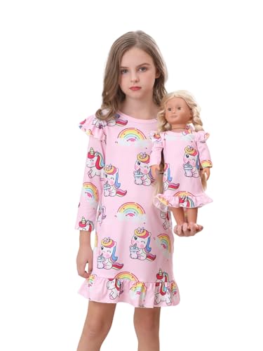 Bow Dream 2 Pcs Toddler Girl Dress Cute and Matching American Girl Doll Clothes Accessories for Girls Dresses Pink Unicorn