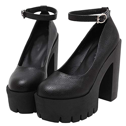 KOKOMOMO Womens Round Toe Platform Ankle Strap Pumps Chunky High Heels Goth Shoes (Black, Numeric 8.5)