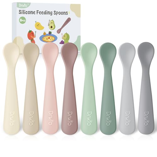 DRKIO 8-Piece Silicone Baby Spoons - Infant Spoons First Stage Self Feeding Baby Led Weaning Supplies Toddler Training Utensils Soft Chewable-Tip BPA-Free Dishwasher Safe Boil-proof