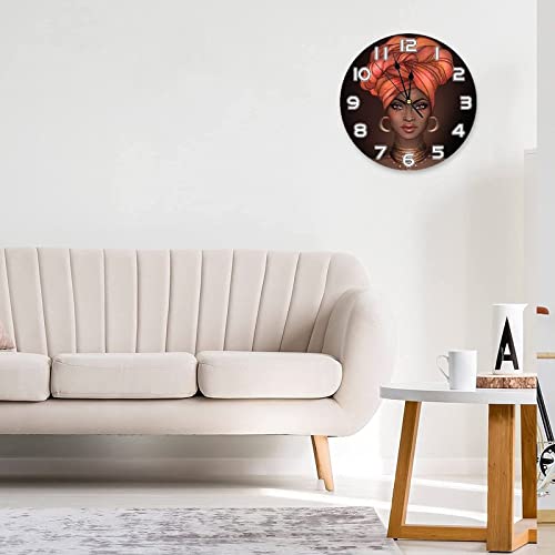 Abucaky African American Woman Wall Clock Battery Operated Silent Non Ticking Round Clock Beautiful Portrait Wall Decor For Women‘ Bedroom, Living Room, Office, School 9.8 Inch #TOP2