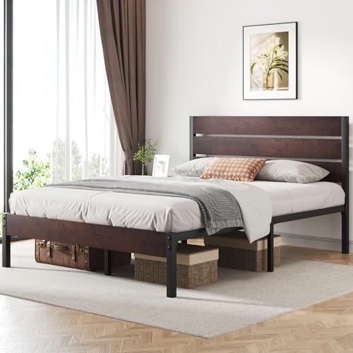Image of Fluest Queen Bed Frame with Headboard and Footboard, with Under Bed Storage, All-Metal Support System, No Box Spring Needed, Easy Assembly, Red Brown
