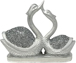CRYSTAL CROWN® Crushed Diamond Silver Sparkle Love Making Swan Ornament, Sparkly Bling Twin Swan Home Decorative Sculptures Figurines Shelf Sitter Ornament H: 20cms