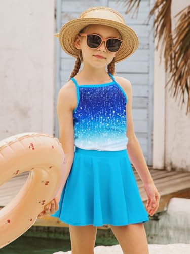 Image of Girls Tankini Swimsuit Mermaid Bathing Suits Criss-Cross Strap Adjustable Summer Beach Two Piece Swimwear Size 4-12