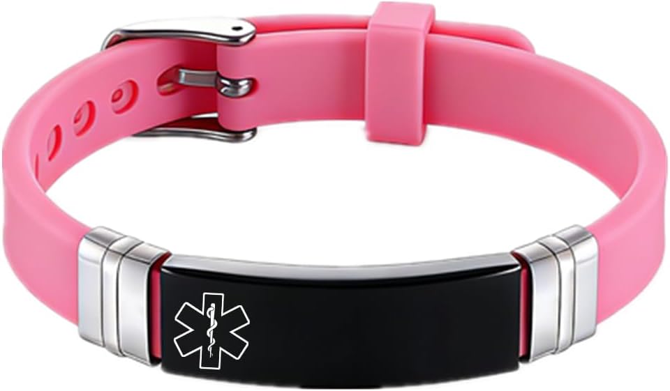 ZKXXJ Personalized Medical Alert ID Bracelets for Women Men Couples,Custom 2 Packs Pink Rubber Medic Identification Wristband Caduceus Diabetic Allergy Emergency Caduceus Jewelry with Med Card