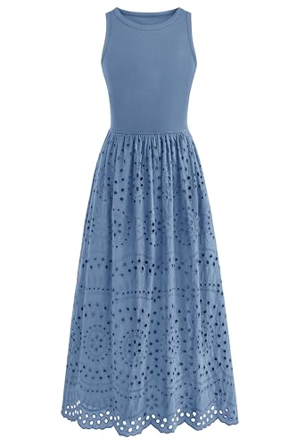 Image of dowerme Women Summer Dresses 2026 Casual Sleeveless Crewneck A-Line Boho Lace Eyelet Cotton Tank Maxi Dress with Pockets