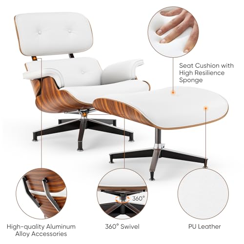 Image of Top White PU Leather, Mid Century Chaise Lounge Chair and Ottoman, Modern Chair Classic Design, Palisander Wood, Heavy Duty Base Support for Living Room Office