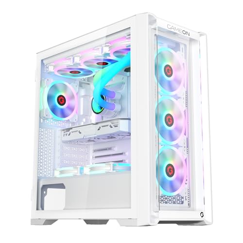 GAMEON Vortex Arctic Series Mid Tower PC Gaming Case, 120mm ARGB+PWM Lighting, 0.8mm Tempered Glass, Pre-installed 4 RGB Cooling Fans Computer case, Dust Filters, Wide Motherboard Compatibility, White