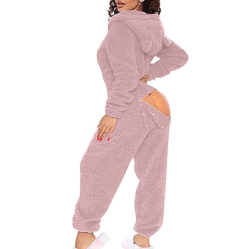 Auwer Sexy Adult Onesie Pajamas for Women Butt Flap Fleece Hooded One Piece Pajamas Womens Fluffy Sleepwear