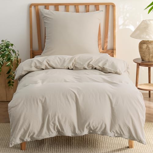 BEDSURE Bettwäsche 135×200 Baumwolle 2teilig – Bettwäsche-Sets Beige Bettbezug mit 1 Kissenbezug 80×80 cm, Ähnliche Textur wie Washed Leinen, Oeko-TEX Bedding Set mit Reißverschluss