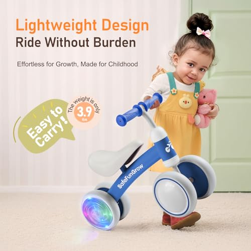 Image of Colorful Lighting Baby Balance Bike Toys for 1 Year Old Boys Gifts, Balance Bike 1 Year Old No Pedal, 12-24 Months Toddler Ride on Toys with 4 Silent Wheels & Soft Seat, 1st Birthday Gifts, Blue