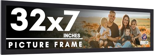 CountryArtHouse 32x7 Frame Black Solid Pine Wood Picture Frame Includes UV Acrylic Plexiglass, Acid Free Foam Backing Board and Hanging Hardware