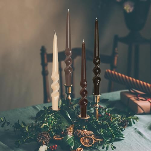 Image of Gradient Brown Smokeless Candles Handmade Twisted Taper Candle 9.5 Inch Long Spiral Candlesticks Dinner Unscented Candles for Holiday Wedding Party Home Decor 4 Pcs