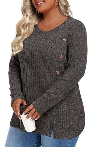 Image of HOTGIFT Womens Plus Size Sweater Tops Long Sleeve Crewneck Casual Tunic Shirts Buttons XL-5XL Blouse Soft Comfy Fashion