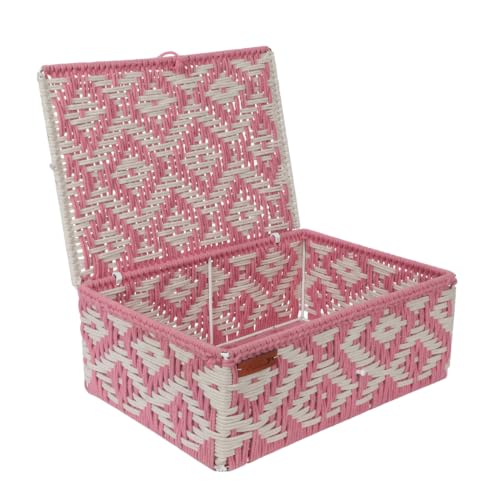 Image of Kaahira Handmade Decorative Storage Box and Organiser | Macrame Gift Hamper Box for Cosmetics, Toiletries & Return Gifts | Aesthetic Rope Woven Organizer (Pink and White, Large - 14x10x4)