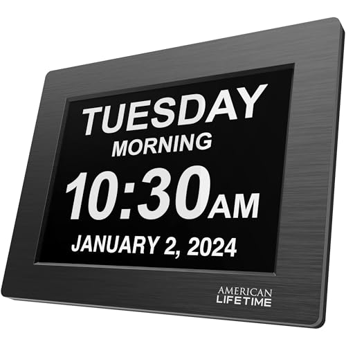 American Lifetime Large Digital Wall Clock for Seniors, Black Polished, 8-Inch High Resolution Display, Easy to Read, Customizable Alarms, Auto-Dimming, Multi-Language Support, Battery Backup