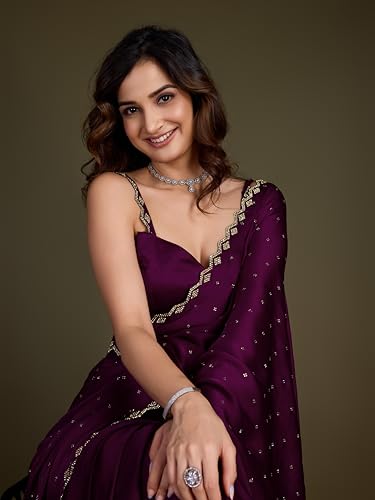 Image of TRENDMALLS Women's Satin Silk Siroski Zarkan Work Saree with Unstitch Blouse Piece