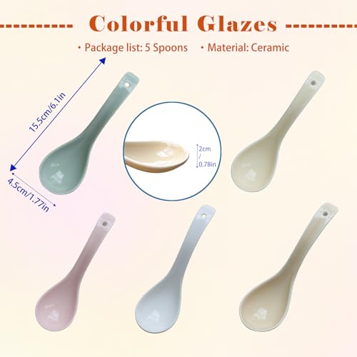 Image of Raelitego 5 /12 pcs Asian Soup Spoon, Ceramic Chinese Soup Spoons, Deep Oval Hook Non-slip Japanese Spoons for Rice Ramen Pho Miso Soup Wonton (5pcs-Pastel)