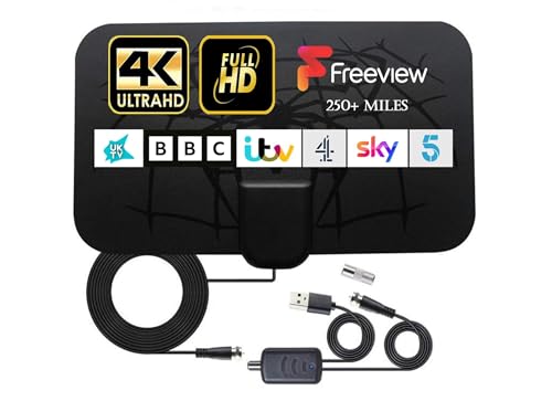 AUTERCO Antena de TV interna, antena de TV digital de mais de 250 quilómetros e receção de 360°, antena de TV amplificada com amplificador de sinal e cabo de 10 pés para canais locais Freeview