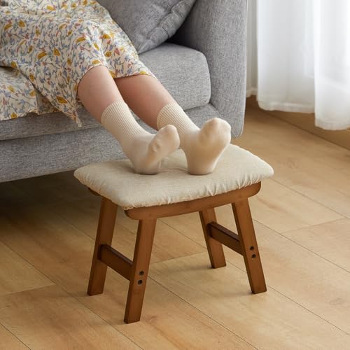 Furshus Foot Stool Ottoman Foot Rest Under Desk,Small Stool for Living Room, Bedroom and Kitchen (Brown Legs - Beige Stool Surface)