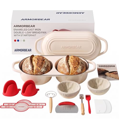 Image of Sourdough Bread Baking Kit with Double Loaf Cast Iron Bread Pan, White | Bakes two mini loaves at once with banneton proofing baskets included