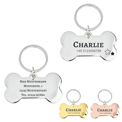 Hundemarke mit Gravur Personalisiert aus Edelstahl Hundeanhänger inkl. Schlüsselring - Namensschild für Halsband - Dog Tag Anhänger Marke für Hunde, Tiermarke für Katzen und Welpen (Knochen)