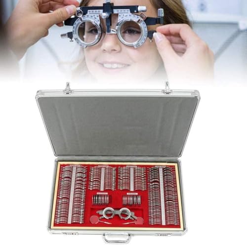 Zestaw soczewek optycznych – profesjonalny zestaw z metalową ramą do optyki oczu, 104-częściowy, do precyzyjnych testów wzroku i zastosowania u optyka
